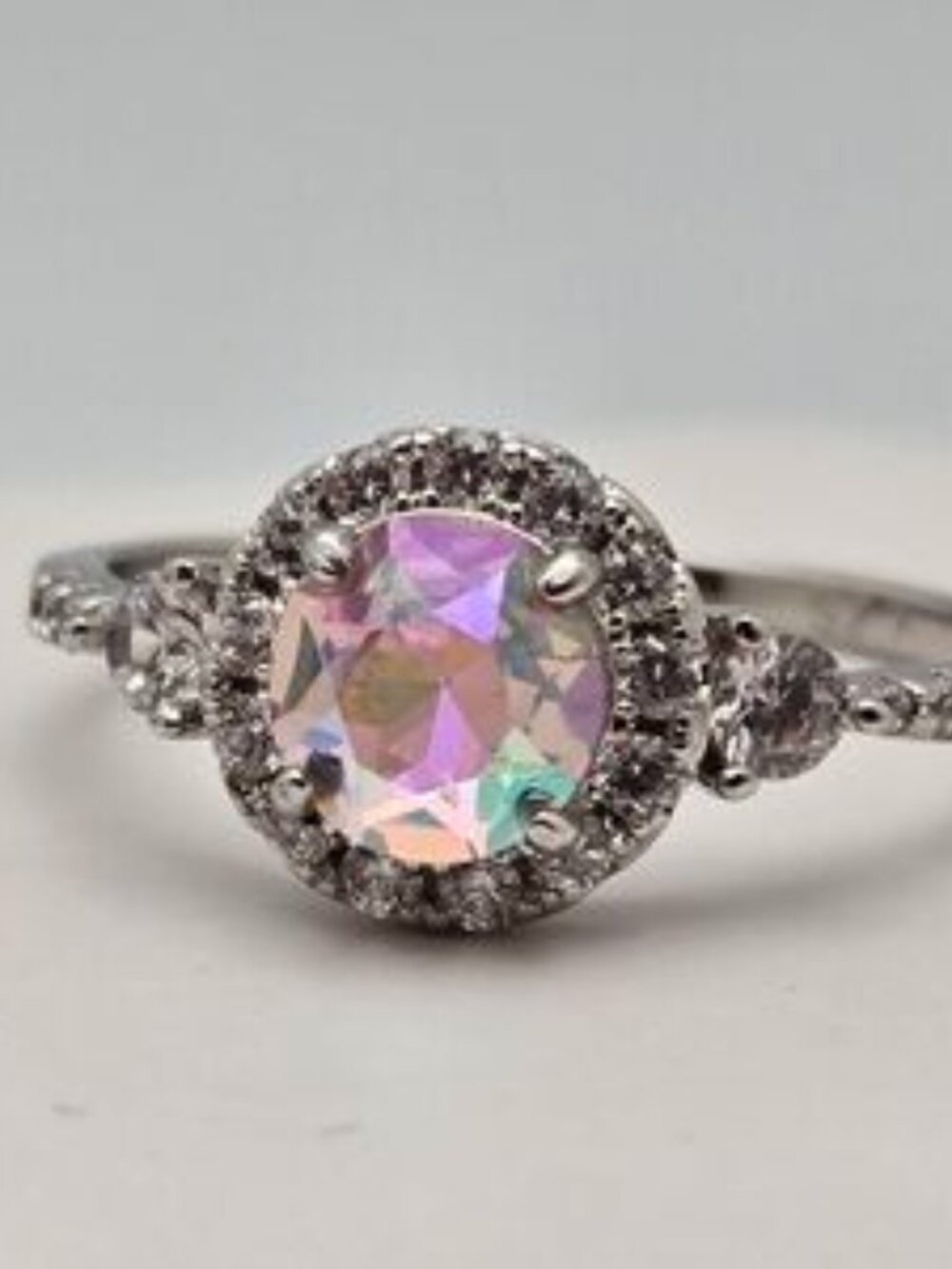 Aurora Borealis AB Round Central Stone And CZ Pavé Ring Size 7 New